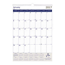 Blueline; Monthly Wall Calendar, 12 inch; x 17 inch;, FSC Certified, White/Blue/Gray, January-December 2017
