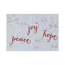 Personalized Designer Greeting Cards With Envelopes, FSC Certified, 7 7/8 inch; x 5 5/8 inch;, 30% Recycled, Peace Hope Joy Snowflakes, Box Of 25