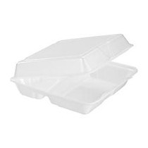 Dart Carryout Food Containers, Foam-Hinged, 3 Compartments, 9 1/2 inch; x 9 1/4 inch; x 3 inch;, White, Pack Of 200