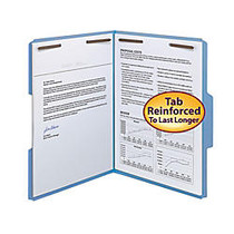 Smead; Color Reinforced Tab Fastener Folders, Legal Size, 1/3 Cut, Blue, Pack Of 50