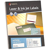 MACO White Laser/Ink Jet Address Label - Permanent Adhesive - 1.33 inch; Width x 4 inch; Length - 14 / Sheet - Rectangle - Laser, Inkjet - White - 1400 / Box