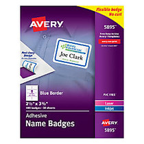 Avery; Flexible Name Badge Labels, 2 1/3 inch; x 3 3/8 inch;, White With Blue Border, Box Of 400