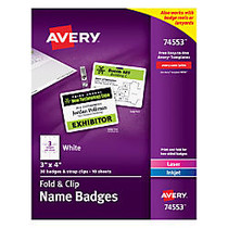 Avery; Fold And Clip Name Badges, Top Loading, 3 inch; x 4 inch;, Box Of 30