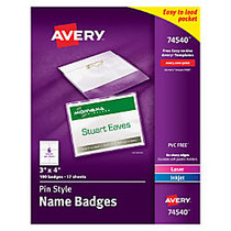 Avery; Pin Style Name Badge Kits, Top Loading, 3 inch; x 4 inch;, Box Of 100