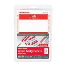 Office Wagon; Brand Hello Name Badge Labels, 2 11/32 inch; x 3 3/8 inch;, Red Border, Pack Of 100