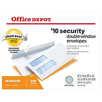 Office Wagon; Brand Double-Window Envelopes, #10, 4 1/8 inch; x 9 1/2 inch;, White, Clean Seal&trade;, Box Of 250
