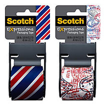 Scotch; Decorative Shipping And Packaging Tape With Dispenser, 2 inch; x 13.8 Yd., Red/Blue Stripe Or Passport