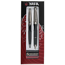 Yafa; Scenario&trade; Fountain Pen And Ballpoint Pen Set, Medium Point, 0.7 mm, Black Barrel, Black Ink