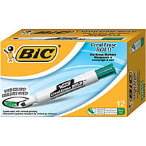 BIC; Great Erase; Dry Erase Marker, Bold Point, Chisel Point, White Barrel, Green Ink, Pack Of 12