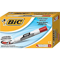 BIC; Great Erase; Dry Erase Marker, Bold Point, Chisel Point, White Barrel, Red Ink, Pack Of 12