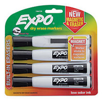 EXPO; Magnetic Dry Erase Markers With Eraser, Chisel Tip, Black Ink, Pack Of 4