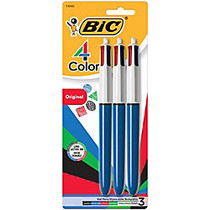 BIC; 4-Color&trade; Retractable Ballpoint Pen, Medium Point, 1.0 mm, Blue Barrel, Assorted Ink Colors Colors, Pack Of 3