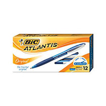 BIC; Atlantis&trade; Retractable Ballpoint Pens, Medium Point, 1.0 mm, Clear Barrel, Blue Ink, Pack Of 12