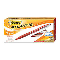 BIC; Atlantis&trade; Retractable Ballpoint Pens, Medium Point, 1.0 mm, Clear Barrel, Red Ink, Pack Of 12