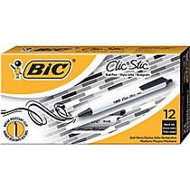 BIC; Clic Stic; Retractable Pens, Medium Point, 1.0 mm, White Barrel, Black Ink, Pack Of 12