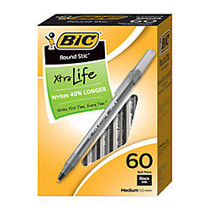 BIC; Round Stic Ballpoint Pens, Medium Point, 1.0 mm, Translucent Barrel, Black Ink, Pack Of 60