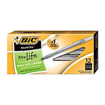 BIC; Round Stic; Ballpoint Pens, Medium Point, 1.0 mm, Translucent Barrel, Black Ink, Pack Of 12