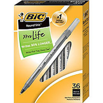BIC; Round Stic; Xtra Life Ballpoint Pens, Medium Point, 1.0 mm, Translucent Barrel, Black Ink, Pack Of 36