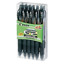 Pilot; G-2; Retractable Gel Pens, Fine Point, 0.7 mm, Clear Barrels, Black Ink, Pack Of 12