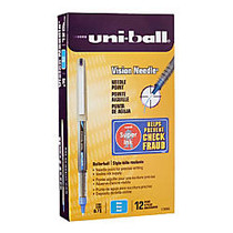 uni-ball; Vision&trade; Needle Liquid Ink Rollerball Pens, Fine Point, 0.7 mm, Gray Barrel, Blue Ink, Pack Of 12