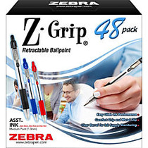 Zebra Pen Z-Grip Retractable Ballpoint Pens - Medium Point Type - 1 mm Point Size - Assorted - Clear Plastic Barrel - 48 / Pack