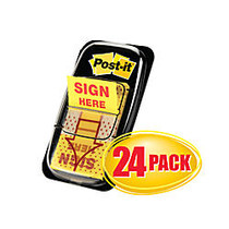 Post-it; Printed Flags,  inch;Sign Here inch;, 1 inch; x 1 3/4 inch;, Yellow, 50 Flags Per Pad, Pack Of 24 Pads