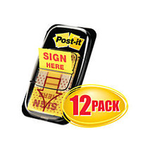 Post-it; Printed Flags,  inch;Sign Here inch;, 1 inch; x 1 7/10 inch;, Yellow, 50 Flags Per Pad, Pack Of 12 Pads