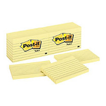 Post-it; 3 inch; x 5 inch; Lined Notes, Canary Yellow, 100 Sheets Per Pad, Pack Of 12