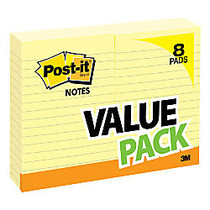 Post-it; 4 inch; x 6 inch; Notes, Lined, Canary Yellow, Pad of 100 Notes, Pack Of 8 Pads
