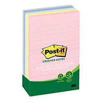 Post-it; 4 inch; x 6 inch; Notes, Sunwashed Pier Collection, 100% Recycled, Lined, 100 Sheets Per Pad, Pack Of 5 Pads