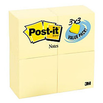 Post-it; Notes, 3 inch; x 3 inch;, Canary Yellow, 90 Notes Per Pad, Pack Of 24