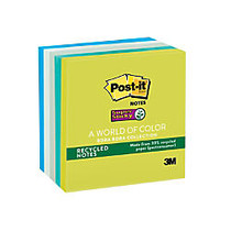 Post-it; Super Sticky Notes, Recycled, 3 inch; x 3 inch;, Bora Bora Collection, 90 Sheets Per Pad, Pack Of 5 Pads