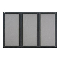 Quartet; Fully-Enclosed Bulletin Board, 3-Door, 72 inch; x 48 inch;, Gray Fabric Board, Graphite Frame