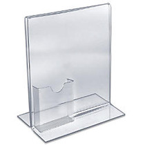 Azar Displays Double-Foot Acrylic Sign Holders With Attached Tri-Fold Pockets, 11 inch; x 8 1/2 inch;, Clear, Pack Of 10