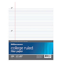 Office Wagon; Brand Notebook Filler Paper, College-Ruled, 8 1/2 inch; x 11 inch;, 3-Hole Punched, White, Pack Of 150