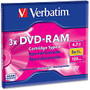 Verbatim DVD-RAM 4.7GB 3X Single Sided, Type 4 with Branded Surface - 1pk with Cartridge
