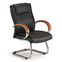 OFM Apex Leather Guest Chair With Wood Accents, Cherry, 39 inch;H x 25 inch;W x 25 inch;D, Black Frame, Black Leather
