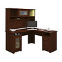 Bush; Cabot Collection Traditional Wood L-Desk With Hutch, 67 inch;H x 59 inch;W x 59 inch;D, Harvest Cherry, Standard Delivery