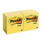 Post-it; Notes, 3 inch; x 3 inch;, Canary Yellow, 100 Sheets Per Pad, Pack Of 12 Pads