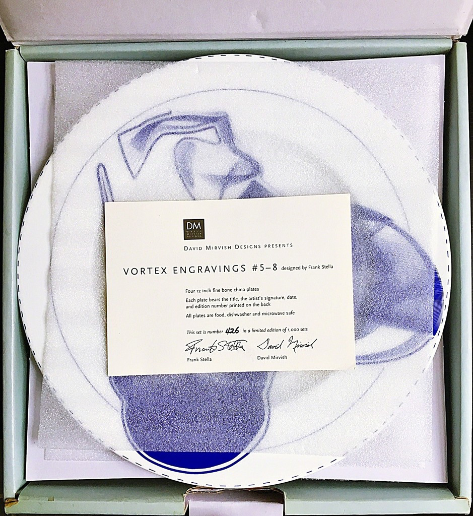 Frank Stella, Vortex Engravings #5 - 8: Gift Box of Four (4) Limited Edition Plates, Signed and Numbered with Signed COA 2000, Suite of four (4) Fine Bone China Plates. Each signed and numbered from the limited edition of 1000 on the verso.