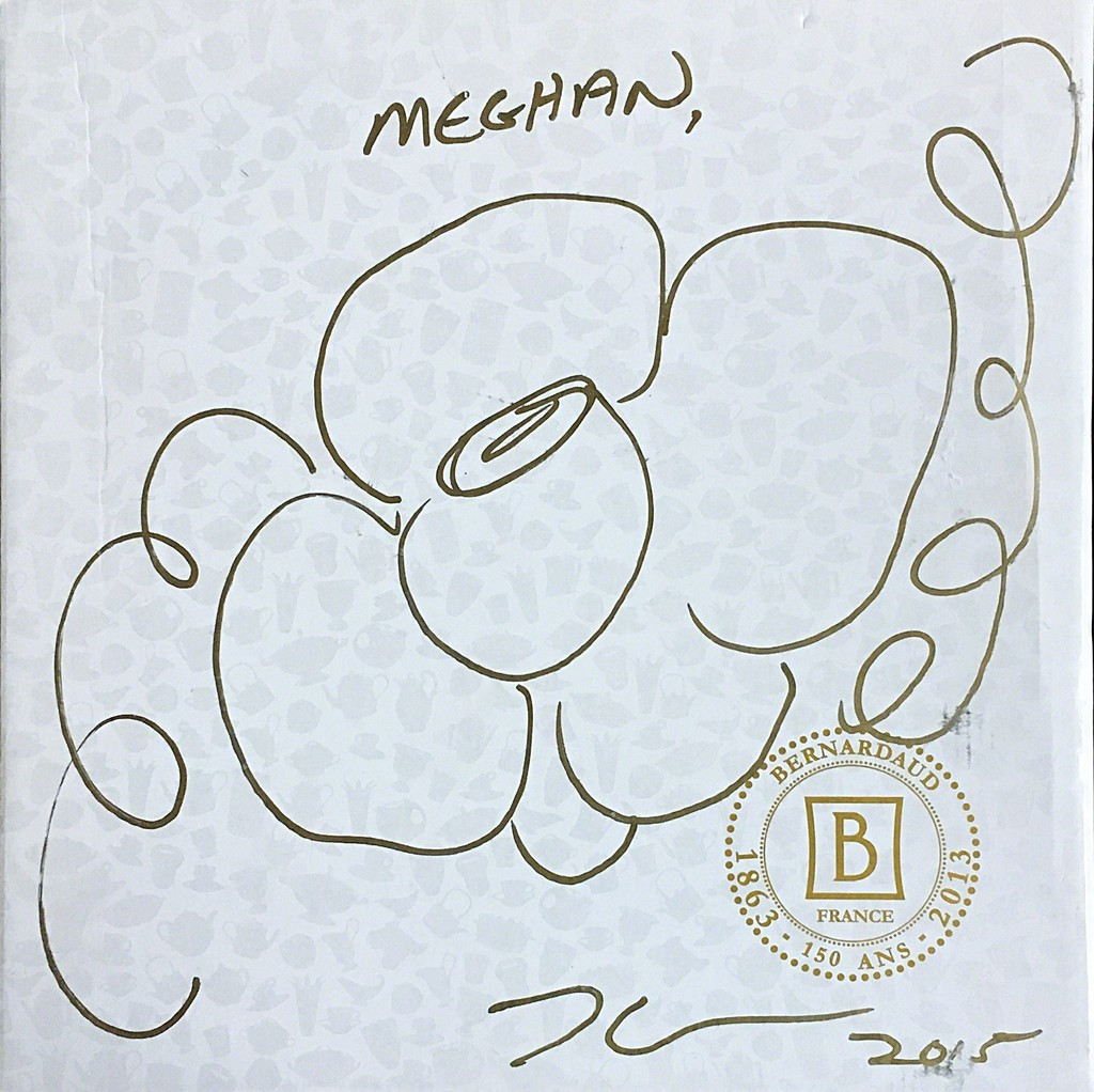 Jeff Koons, Original (Unique) hand signed flower drawing AND Limited Edition porcelain plate inside: Banality Series (Service Plate), Michael Jackson and Bubbles), 2014