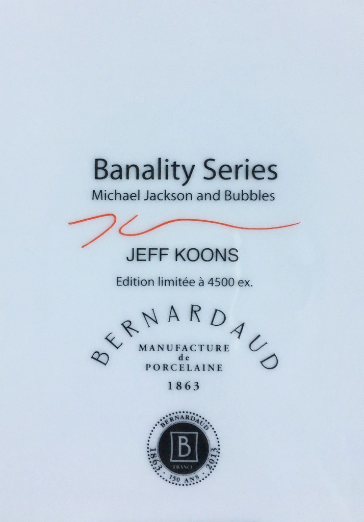 Jeff Koons, Original (Unique) hand signed flower drawing AND Limited Edition porcelain plate inside: Banality Series (Service Plate), Michael Jackson and Bubbles), 2014