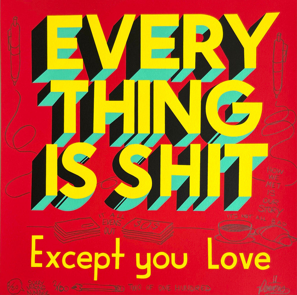 Stephen Powers, Everything is Shit Except You Love (Sorry Wrong Number), with unique pencil drawings and annotations, 2017