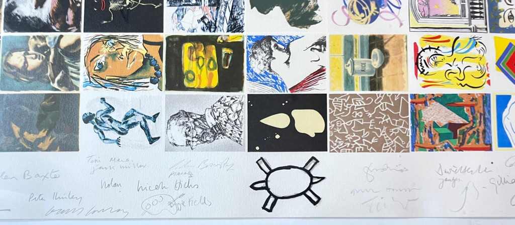 David Hockney, Bridget Riley, Joe Tilson, Howard Hodgkin, Peter Blake + 99 artists. Visual Aid for Band Aid - designed, and hand signed and annotated by 104 renowned artists, with official signed COA, 1985