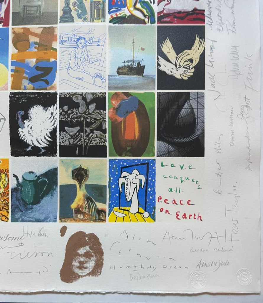 David Hockney, Bridget Riley, Joe Tilson, Howard Hodgkin, Peter Blake + 99 artists. Visual Aid for Band Aid - designed, and hand signed and annotated by 104 renowned artists, with official signed COA, 1985