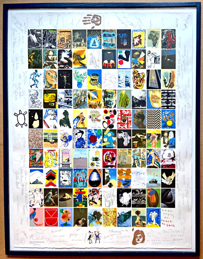 David Hockney, Bridget Riley, Joe Tilson, Howard Hodgkin, Peter Blake + 99 artists. Visual Aid for Band Aid - designed, and hand signed and annotated by 104 renowned artists, with official signed COA, 1985