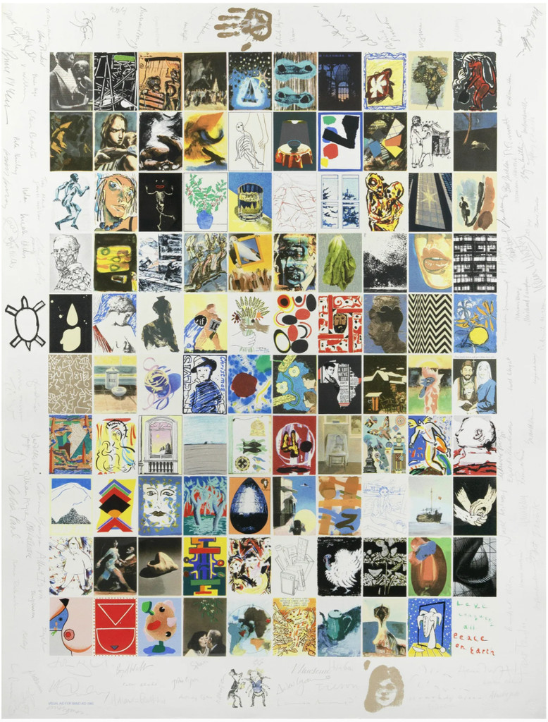 David Hockney, Bridget Riley, Joe Tilson, Howard Hodgkin, Peter Blake + 99 artists. Visual Aid for Band Aid - designed, and hand signed and annotated by 104 renowned artists, with official signed COA, 1985