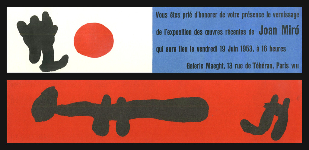 Joan Miró, Extremely rare 2-sided lithographic announcement to Galerie Maeght vernissage, 1953