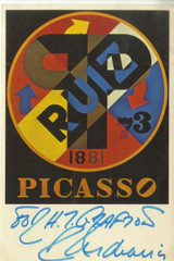 ROBERT INDIANA Picasso Card (Hand Signed and Inscribed) 1979, Vintage Picasso postcard. Hand signed and dedicated by Robert Indiana. Unframed.