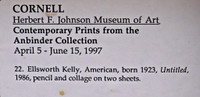 Ellsworth Kelly, Two Unique Works, framed together and Exhibited at the Johnson Museum of Art, Cornell University, inscription by the artist to the publisher of his catalogue raisonne 1987,  signed inscription to the publisher of Hudson Hills Press